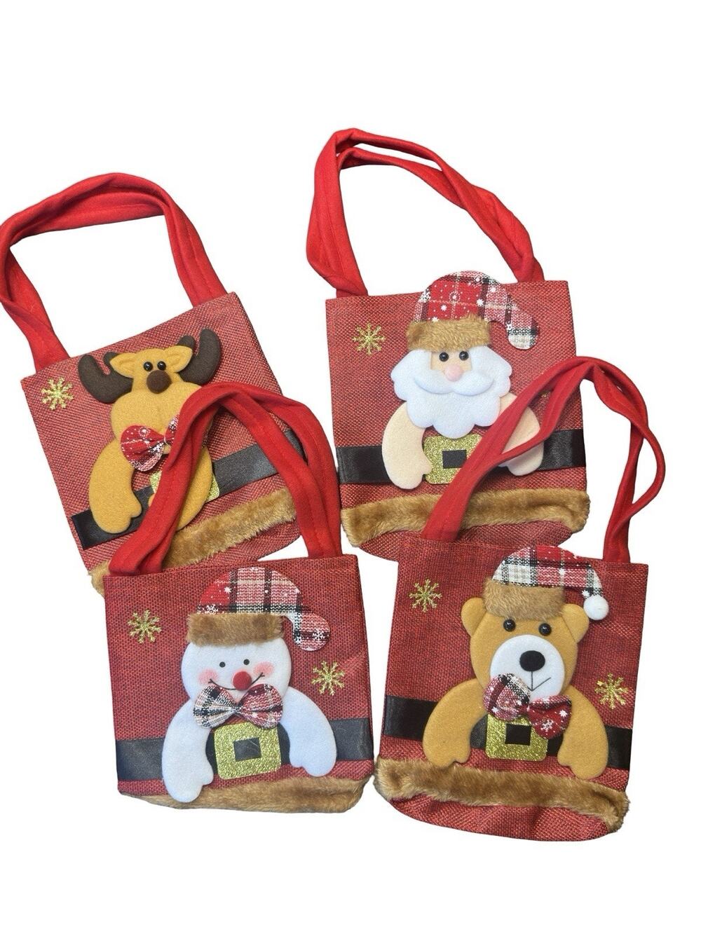 Set of 4 Christmas Gift Treat Bags Santa Snowman Reindeer Bear Holiday Tote